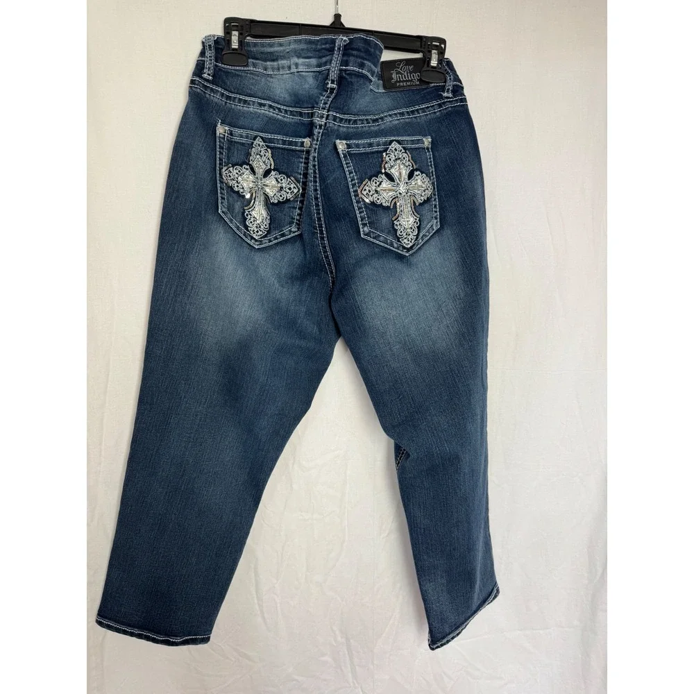 Love Indigo Womens Jeans 16W Blue Embellished Cross Pocket Capri Cropped - Picture 2 of 3